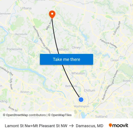 Lamont St Nw+Mt Pleasant St NW to Damascus, MD map