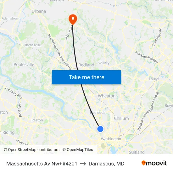Massachusetts Av Nw+#4201 to Damascus, MD map