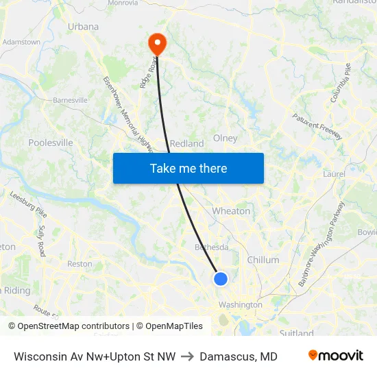 Wisconsin Av Nw+Upton St NW to Damascus, MD map