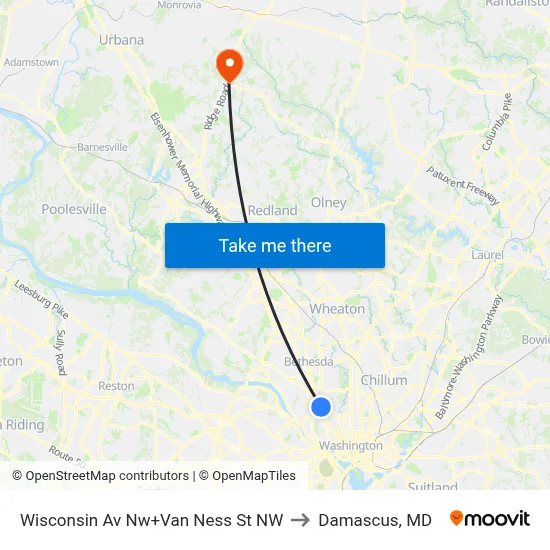 Wisconsin Av Nw+Van Ness St NW to Damascus, MD map