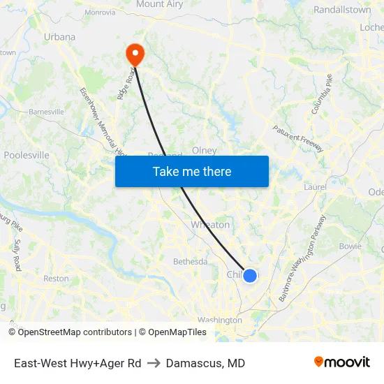 East-West Hwy+Ager Rd to Damascus, MD map