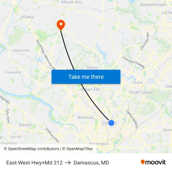 East-West Hwy+Md 212 to Damascus, MD map