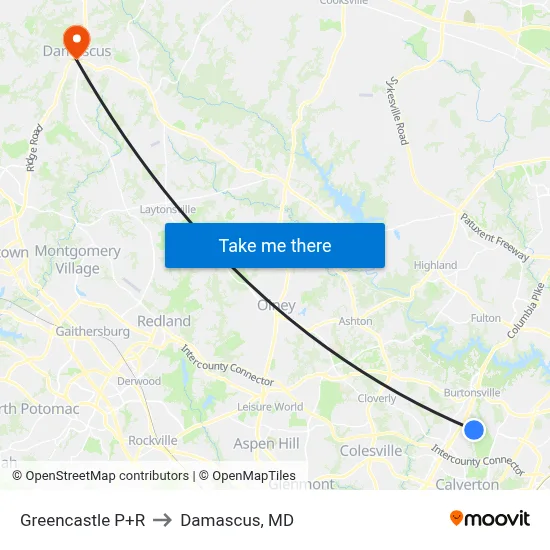 Greencastle P+R to Damascus, MD map