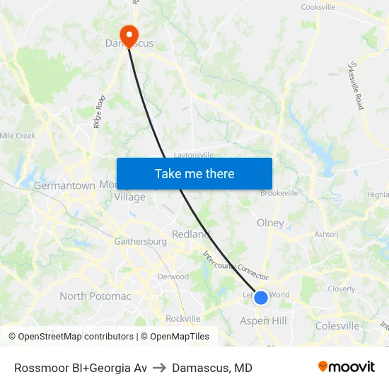 Rossmoor Bl+Georgia Av to Damascus, MD map