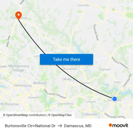 Burtonsville Ctr+National Dr to Damascus, MD map