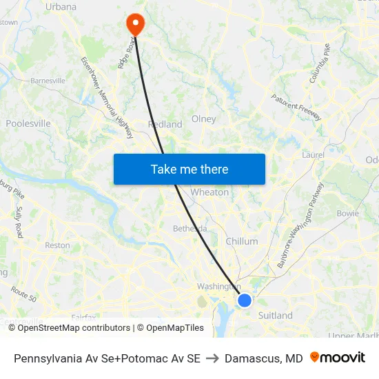 Pennsylvania Av Se+Potomac Av SE to Damascus, MD map