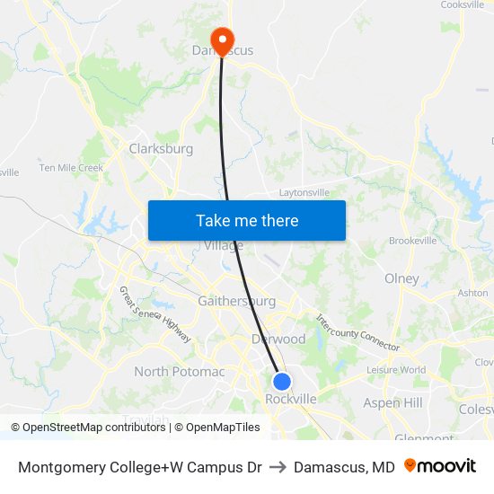 Montgomery College+W Campus Dr to Damascus, MD map