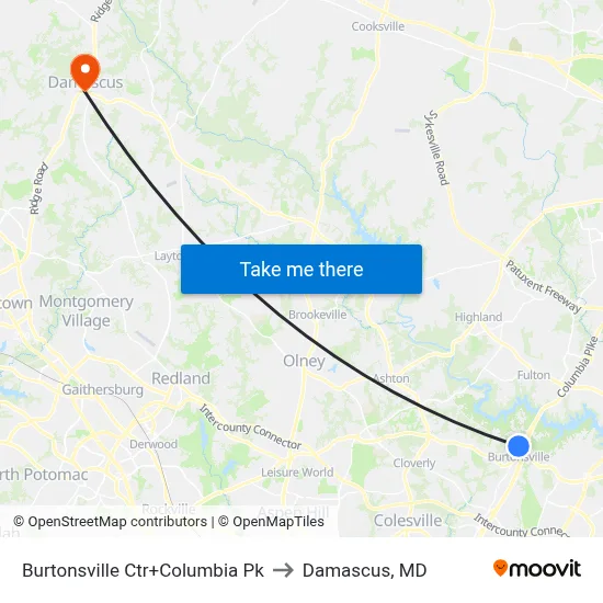 Burtonsville Ctr+Columbia Pk to Damascus, MD map