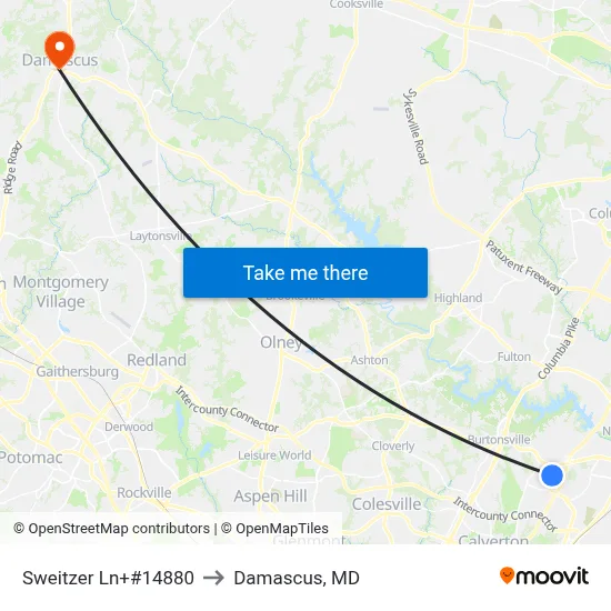 Sweitzer Ln+#14880 to Damascus, MD map