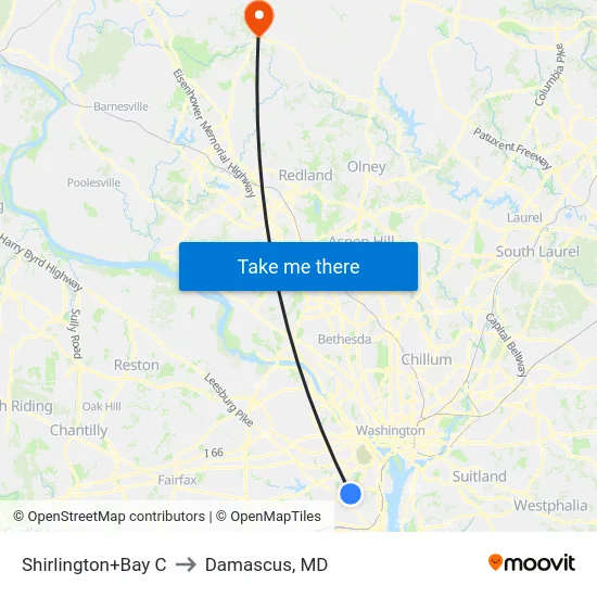Shirlington+Bay C to Damascus, MD map
