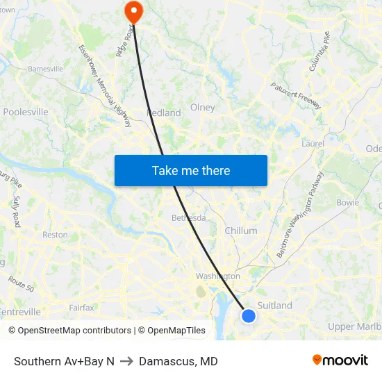Southern Av+Bay N to Damascus, MD map