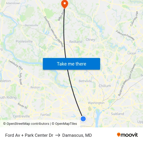 Ford Av + Park Center Dr to Damascus, MD map