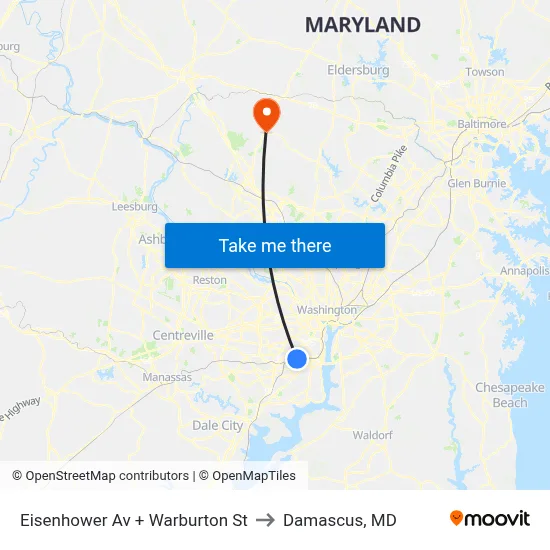Eisenhower Av + Warburton St to Damascus, MD map