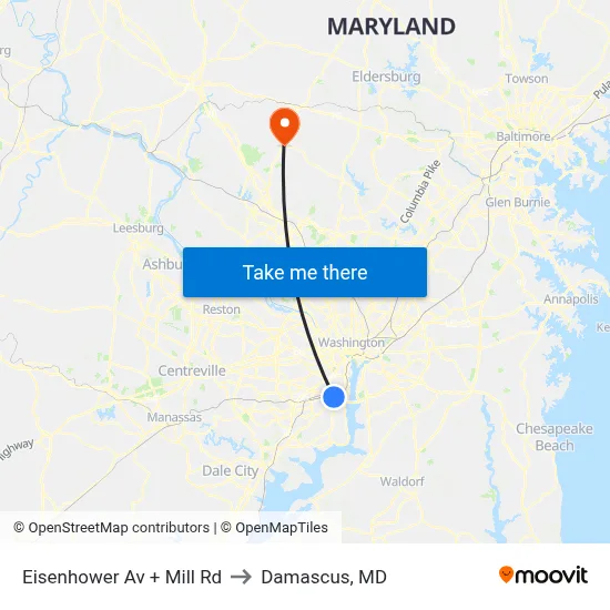 Eisenhower Av + Mill Rd to Damascus, MD map