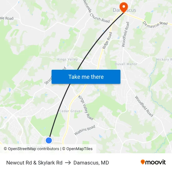 Newcut Rd & Skylark Rd to Damascus, MD map