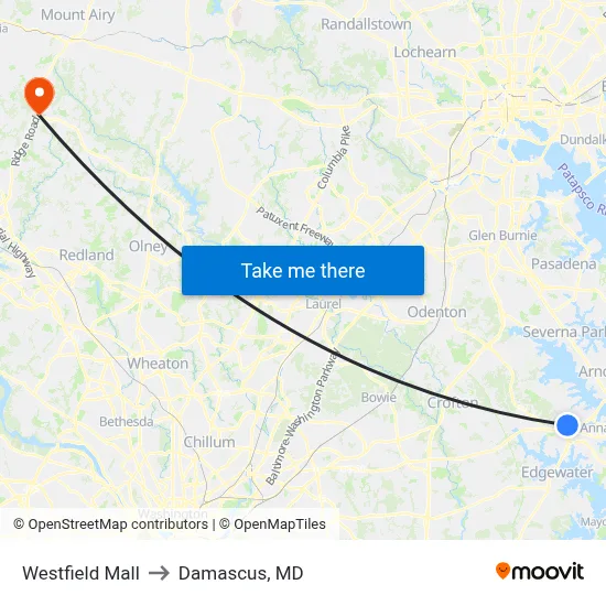 Westfield Mall to Damascus, MD map