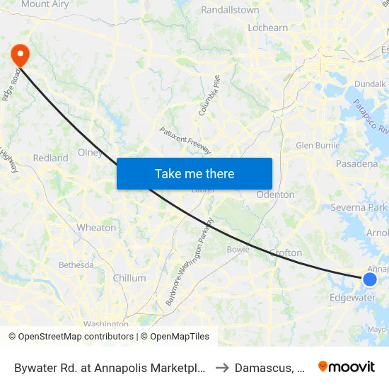 Bywater Rd. at Annapolis Marketplace to Damascus, MD map
