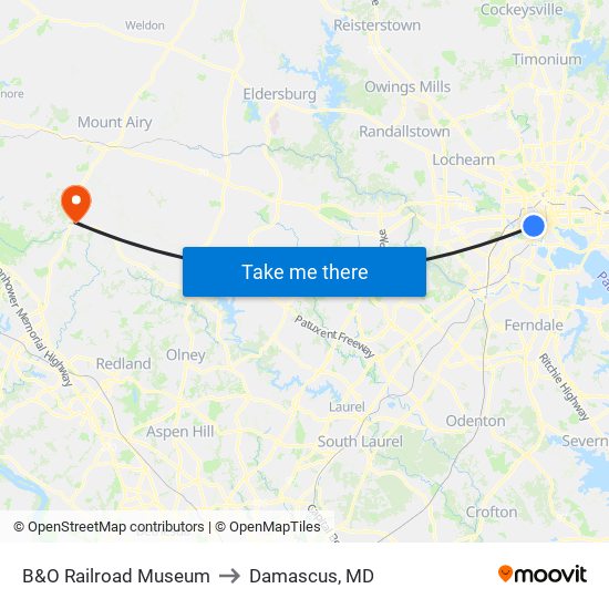 B&O Railroad Museum to Damascus, MD map