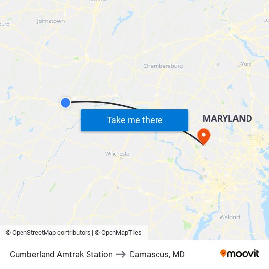 Cumberland Amtrak Station to Damascus, MD map