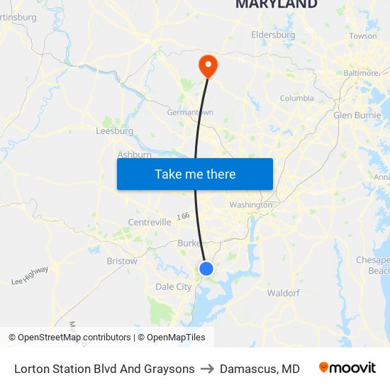 Lorton Station Blvd And Graysons to Damascus, MD map