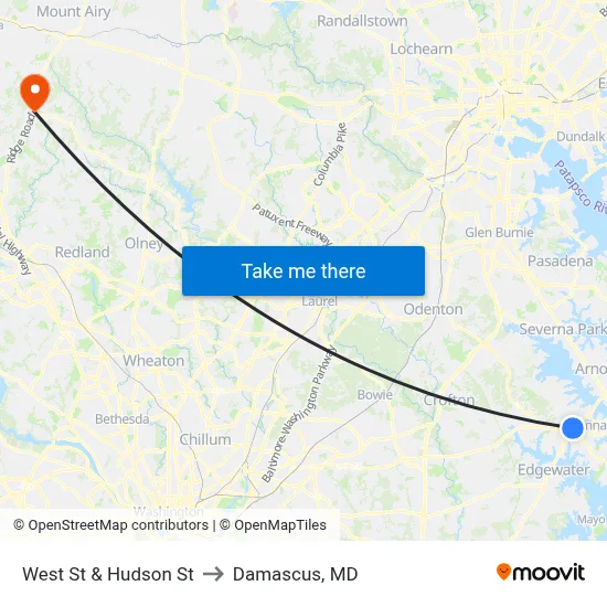 West St & Hudson St to Damascus, MD map