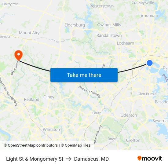 Light St & Mongomery St to Damascus, MD map