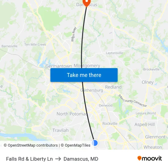 Falls Rd & Liberty Ln to Damascus, MD map