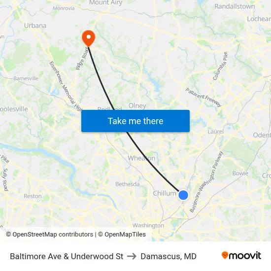 Baltimore Ave & Underwood St to Damascus, MD map