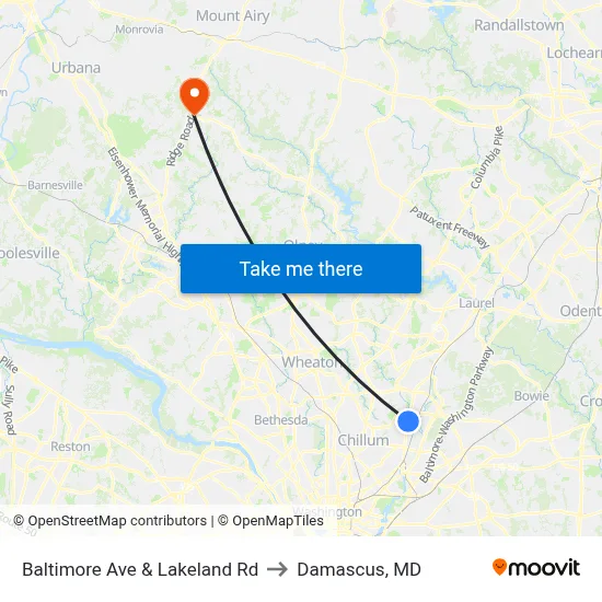 Baltimore Ave & Lakeland Rd to Damascus, MD map
