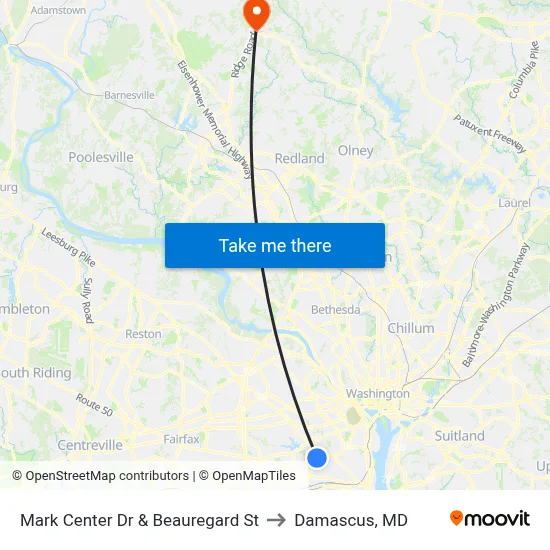 Mark Center Dr & Beauregard St to Damascus, MD map