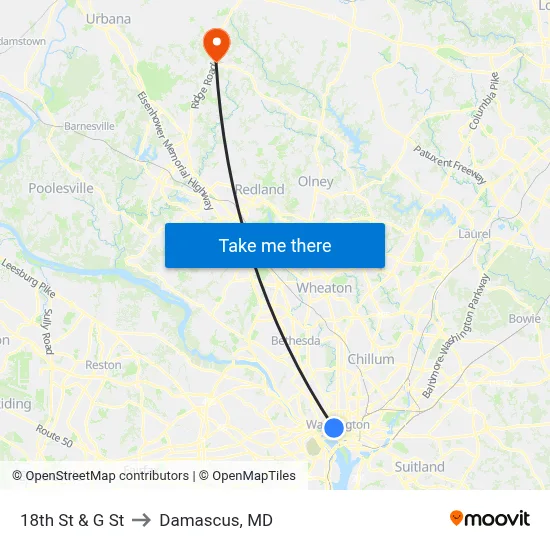 18th St & G St to Damascus, MD map