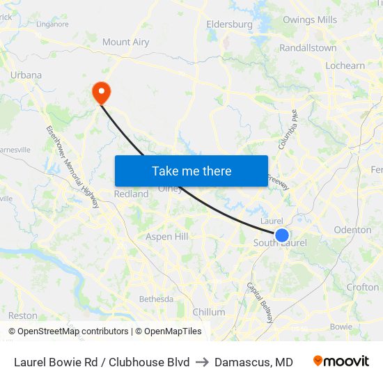 Laurel Bowie Rd / Clubhouse Blvd to Damascus, MD map