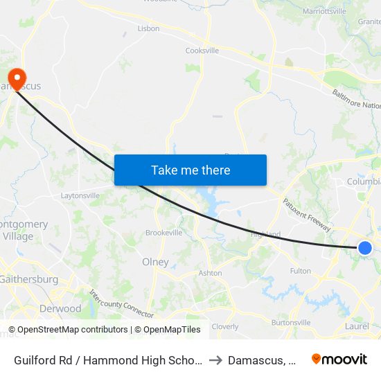 Guilford Rd / Hammond High School to Damascus, MD map