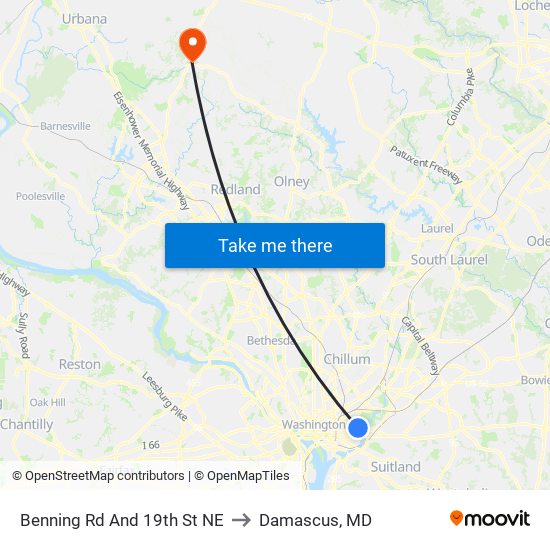 Benning Rd And 19th St NE to Damascus, MD map