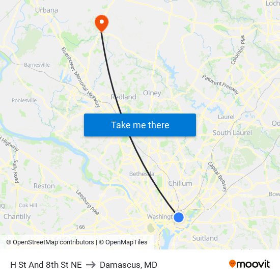 H St And 8th St NE to Damascus, MD map