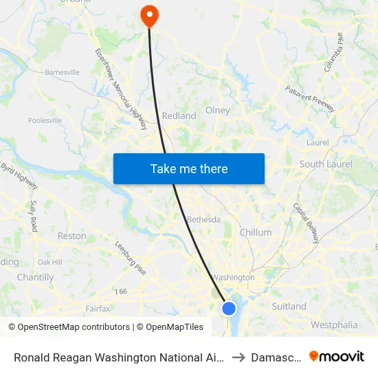 Ronald Reagan Washington National Airport Metrorail Station to Damascus, MD map