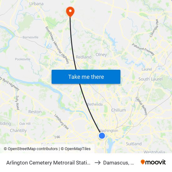 Arlington Cemetery  Metrorail Station to Damascus, MD map