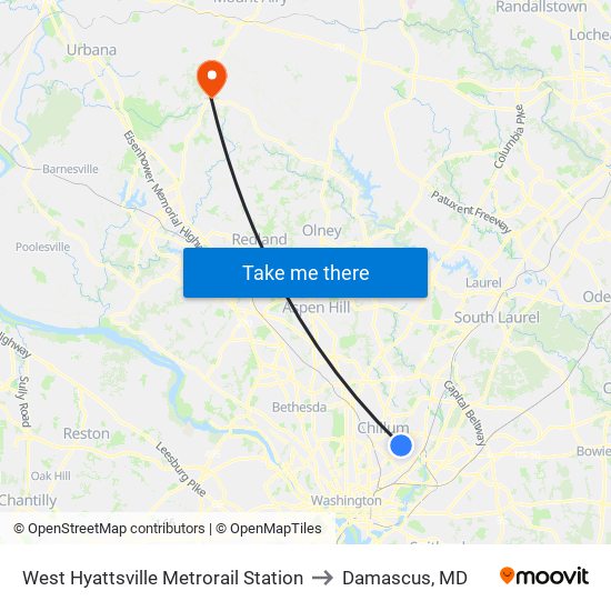 West Hyattsville Metrorail Station to Damascus, MD map