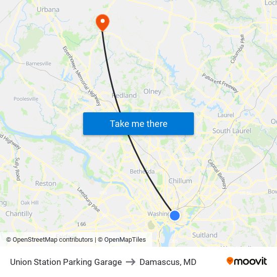 Union Station Parking Garage to Damascus, MD map