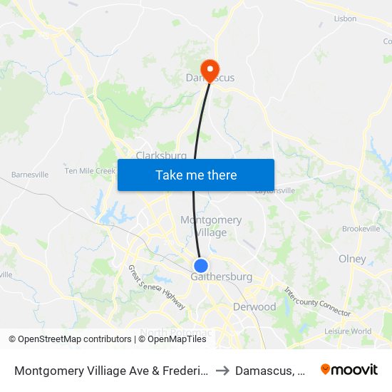 Montgomery Villiage Ave & Frederick to Damascus, MD map