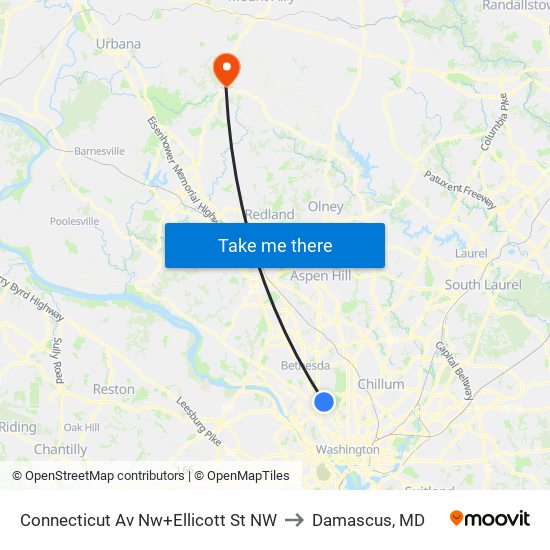 Connecticut Av Nw+Ellicott St NW to Damascus, MD map
