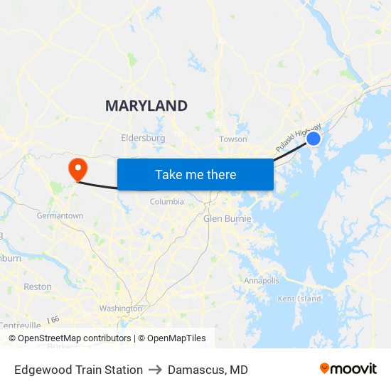 Edgewood Train Station to Damascus, MD map