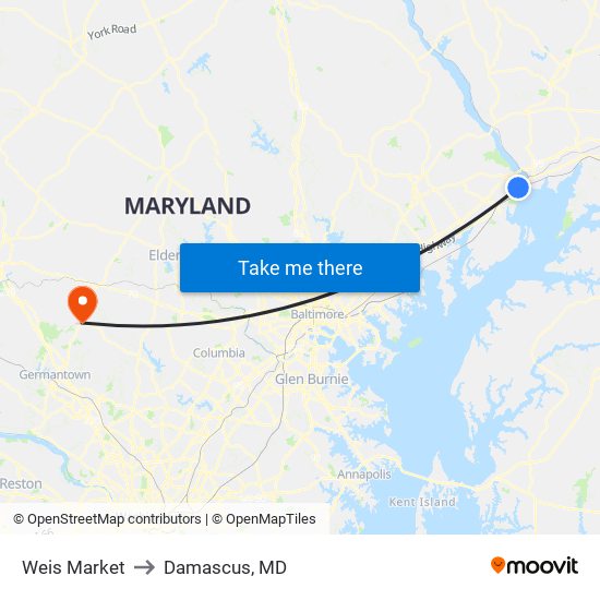 Weis Market to Damascus, MD map