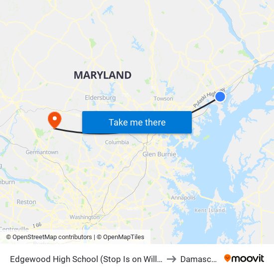 Edgewood High School (Stop Is on Willoughby Beach Rd) to Damascus, MD map