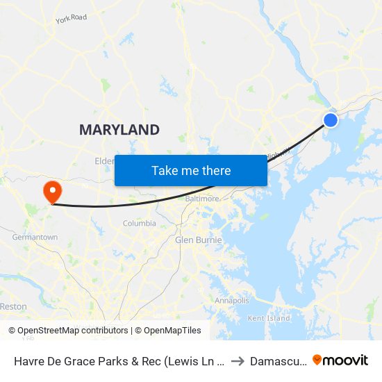 Havre De Grace Parks & Rec (Lewis Ln & Anderson Ave) to Damascus, MD map