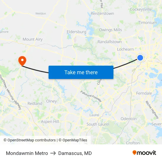 Mondawmin Metro to Damascus, MD map