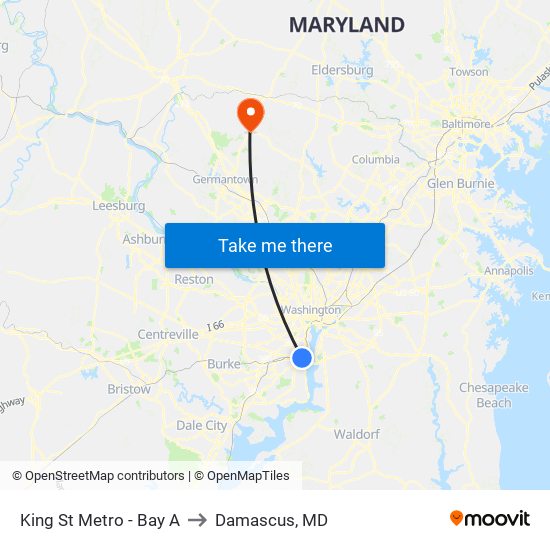 King St Metro - Bay A to Damascus, MD map