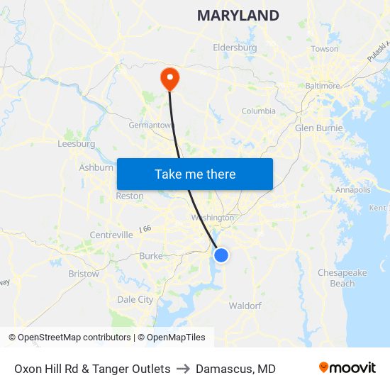 Oxon Hill Rd & Tanger Outlets to Damascus, MD map