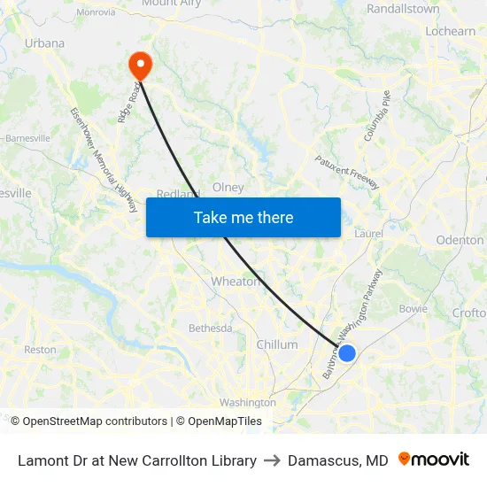 Lamont Dr at New Carrollton Library to Damascus, MD map
