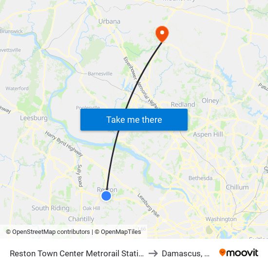 Reston Town Center Metrorail Station to Damascus, MD map